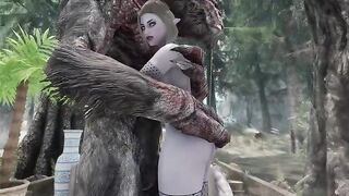 A dark elf is having fun with a troll in the Skyrim world