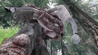 A dark elf is having fun with a troll in the Skyrim world