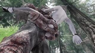 A dark elf is having fun with a troll in the Skyrim world