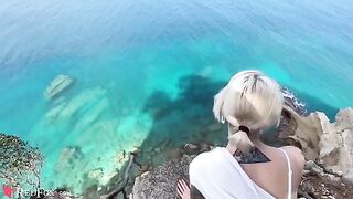The cute girl passionately sucks her ex-boyfriend's big dick on the beach