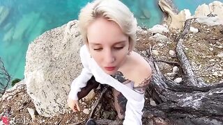 The cute girl passionately sucks her ex-boyfriend's big dick on the beach