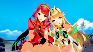 Pyra and Mythra fuck in a threesome with an unknown guy in 3D