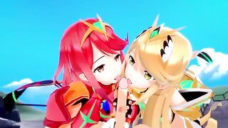 Pyra and Mythra fuck in a threesome with an unknown guy in 3D