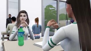 The student seduces the teacher to come in by showing her ass
