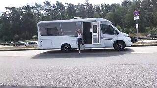 Public sex in wet look leggings on the A1 motorway - cum on my bubble butt