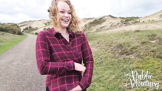 Exhibitionist beauty almost gets caught while flashing on the Dutch beach