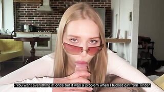A pretty woman has sex with her boyfriend and gets cum on her glasses