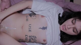 The cute girl with a tattoo gets cum on her face and inside