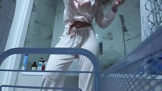 Bathroom masturbation for a petite, horny girl with big natural boobs