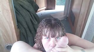 The slut gives a blowjob and swallows all of his cum