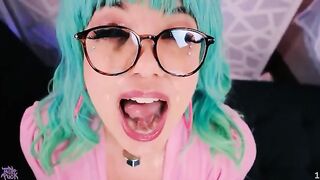 Sticky cum on face and tongue with Little Puck’s wild energy