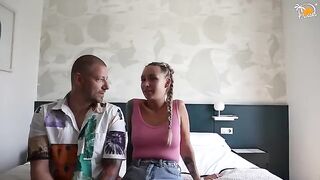 A couple's first sexual experience together with dirty talk at a hotel