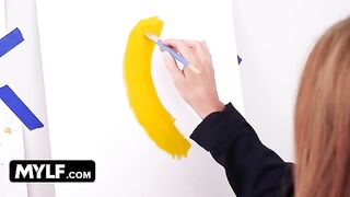 Artistic MILF with big boobs seduces her nude painter model