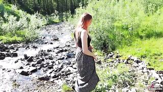 Redhead girl fucks outdoors and gets a creampie