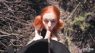 Ginger teen Madi Collins flashes her pussy and gets fucked hard in public