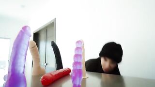 Fucking my ass and pussy with the neighbor's dildos until I squirt all over