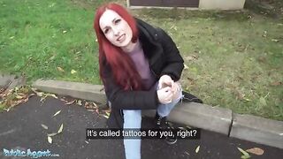 Redhead Brit shows off pierced tits for cash in daring Public Agent scene