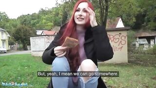 Redhead Brit shows off pierced tits for cash in daring Public Agent scene