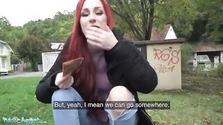 Redhead Brit shows off pierced tits for cash in daring Public Agent scene