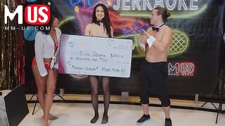 Brunette hottie Eliza Ibarra rides Jay Romero’s cock in a steamy game show