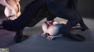 Delicious girls are pleasing a werewolf in this 3D animated scene