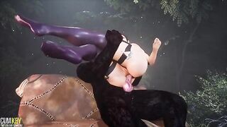 A wild woman is being fucked by a huge monster cock