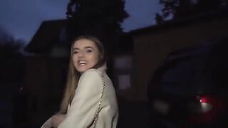 French babe Alba Lala shows her small tits on the street for cash