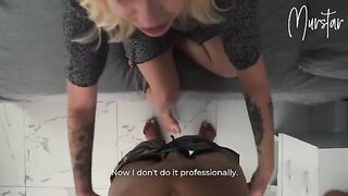 The girl is having fun with a guy from the cleaning company