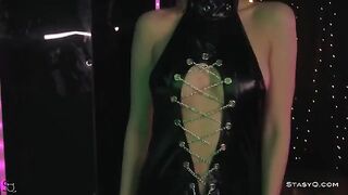 Skinny teen AngelQ strips on stage wearing sexy high heels and lingerie