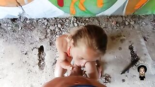A chic blonde is fucking with a young man in an abandoned building