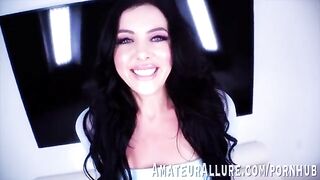 Theodora Day, sexy brunette with blue eyes, in cock sucking action