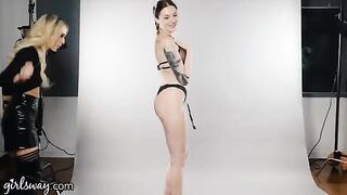 The girl is sweating profusely while posing with a companion in a Girlsway photo session