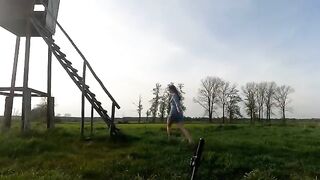 Babe fucked in a hunting pulpit by her boyfriend outdoors