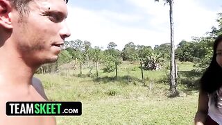 A gorgeous ebony babe, Adrian Maya, gets fucked by a worker in the garden