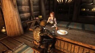 A traveler is seduced by the charming Ysolda in a Skyrim tavern scene