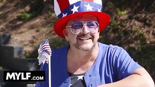Two sexy MILFs and a stepdad having an intense 4th of July threesome