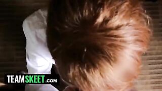 Ginger housekeeper Abbey Rain gets on her knees and swallows a huge cock in this steamy TeamSkeet scene