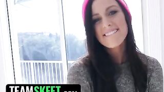 A blue-eyed brunette gets her neighbor's cock sucked and cum on her tits