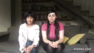 Two hot lesbian friends have fun with a strapon, exploring new sensations
