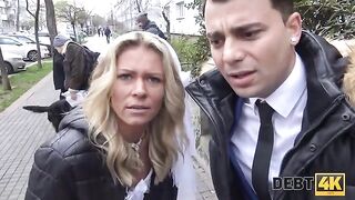 The collector has sex with a blonde in front of her future husband, a steamy Debt4k scene