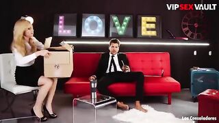 Petite brunette Claudia Bavel learns to love a threesome on camera