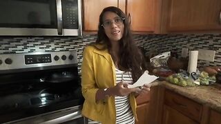 My stepmom, a curvy Latina, wakes me up with a wet splash in the kitchen
