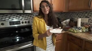 My stepmom, a curvy Latina, wakes me up with a wet splash in the kitchen