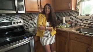 My stepmom, a curvy Latina, wakes me up with a wet splash in the kitchen