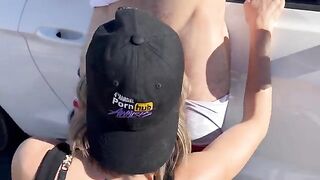 A wife gets fucked by two guys on a public road in Nevada desert