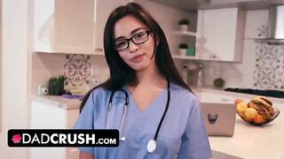 A stepdaughter in a nurse uniform tests her stepfather’s willpower