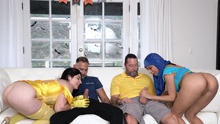Two stepdaughters in costumes, Keira Croft and Penelope Woods, getting fucked by their daddies
