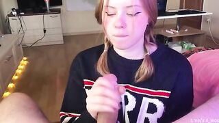 The student gently sucks the dick and gets cum on her tongue