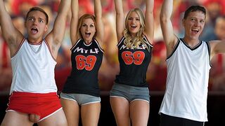 The football team celebrates with two seductive step moms in a taboo foursome