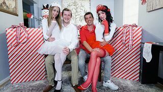 Two cute stepdaughters, Kyler Quinn and Alice Pink, are dressed up for a festive exchange